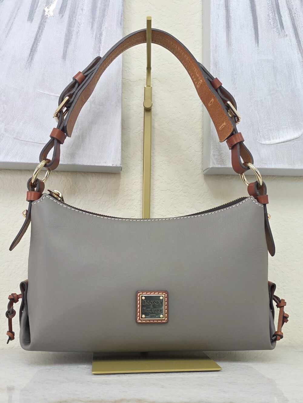 Dooney & Bourke Gray Leather Shoulder Bag with Brown Trim